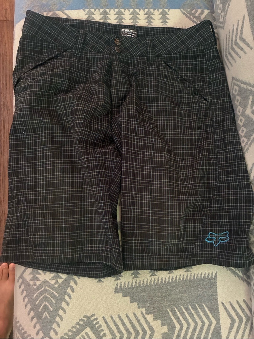 Fox Racing Black Plaid Mountain Bike Shorts with Teal Logo size 36